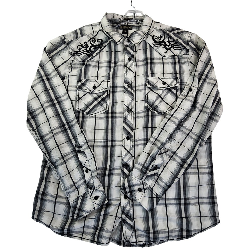 Helix XL White Black Plaid Athletic Fit Embroidered Western Y2K  Rocker Shirt